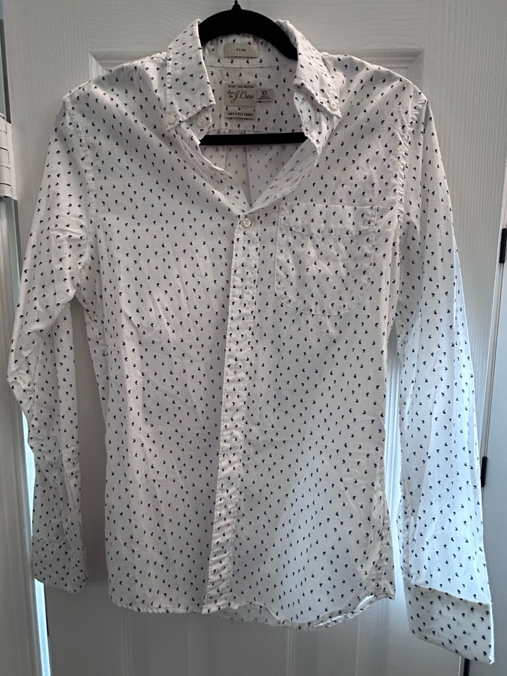 J. Crew White Button-Down Shirt Navy Micro Sailboats XS Secret Wash Shirting